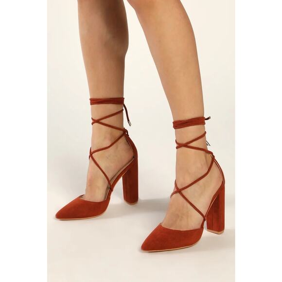 Lulus Karence Rust Orange Suede Lace-Up Pointed-Toe Pumps Womens 8.5 - Picture 1 of 10